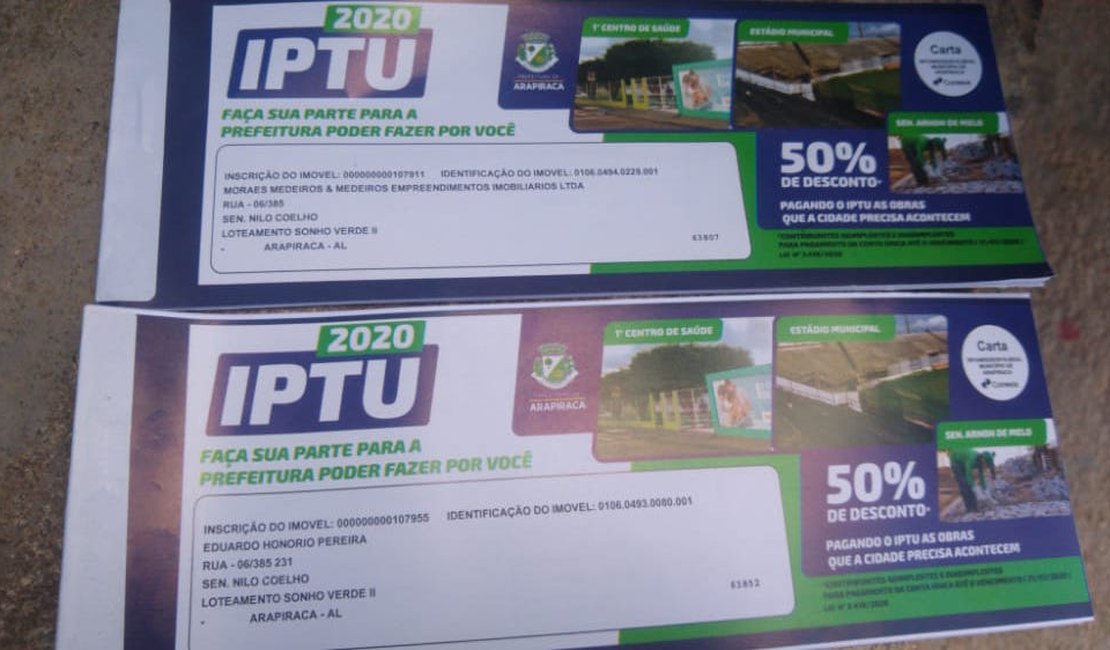 Cota única do IPTU 2020 com 50% de desconto é prorrogada em Arapiraca
