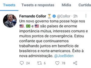 Senador alagoano usa Twitter para parabenizar novo presidente dos Estados Unidos