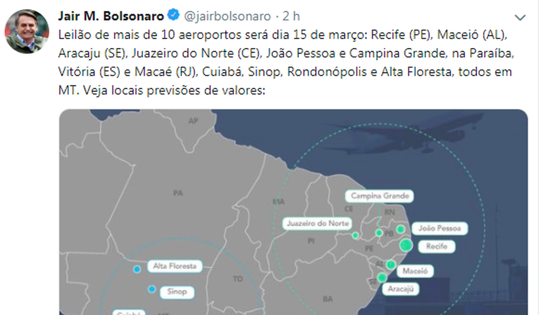 Bolsonaro confirma no Twitter leilão do Aeroporto Zumbi dos Palmares