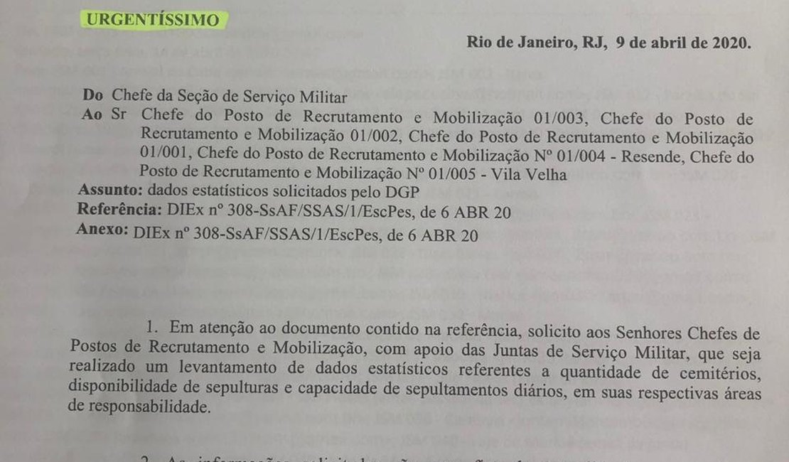 Coronavírus faz Forças Armadas contarem cemitérios e sepulturas disponíveis