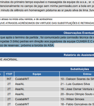 Árbitro relata que torcedores do ASA atiraram pedras em jogadores do Cuiabá (MT)