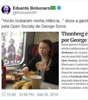 Eduardo Bolsonaro ataca ativista adolescente Greta Thunberg com imagem falsa