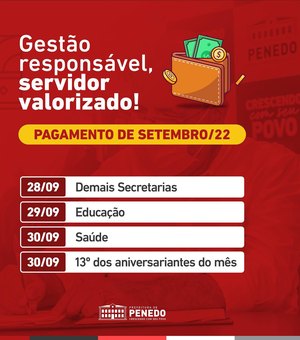 Prefeitura de Penedo divulga calendário do pagamento do salário de setembro