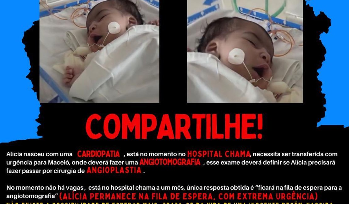 Bebê cardiopata internada em Arapiraca necessita urgente de transferência para Maceió