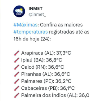 Arapiraca registra a maior temperatura do país nesta quarta-feira (24), segundo Inmet