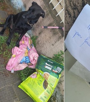 Família adota cadela abandonada com ração e pedido de desculpas em bilhete