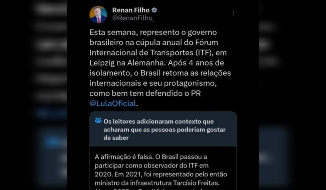 Ministério dos Transportes rebate suposta informação ‘fake’ publicada por Renan Filho no twitter
