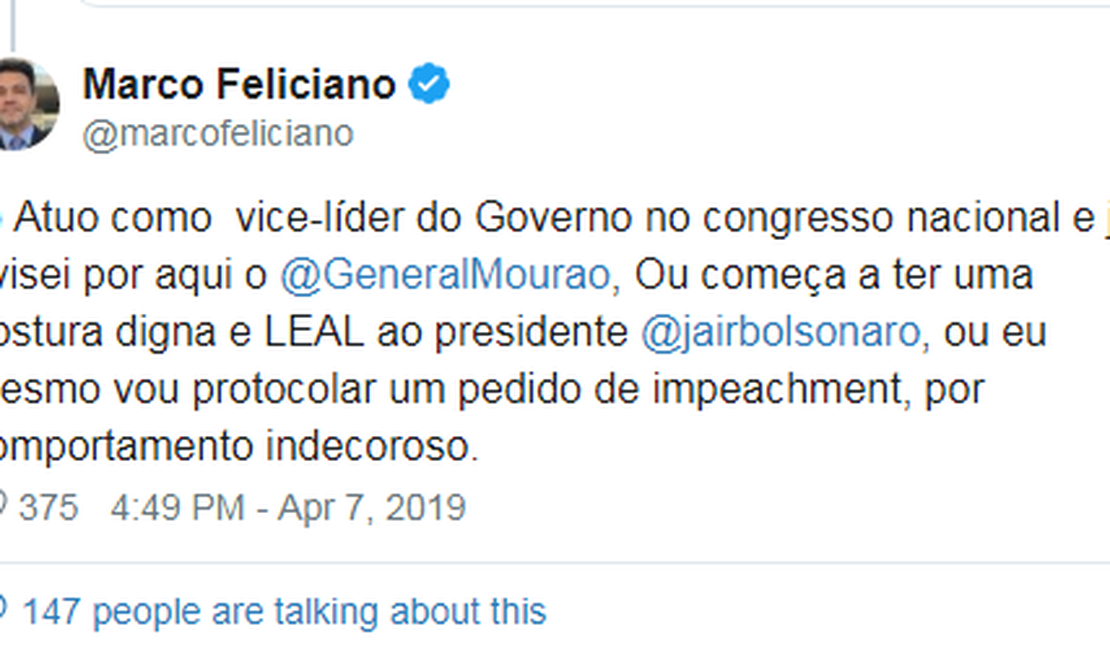 Feliciano ameaça pedir impeachment de Mourão por conspiração contra Bolsonaro