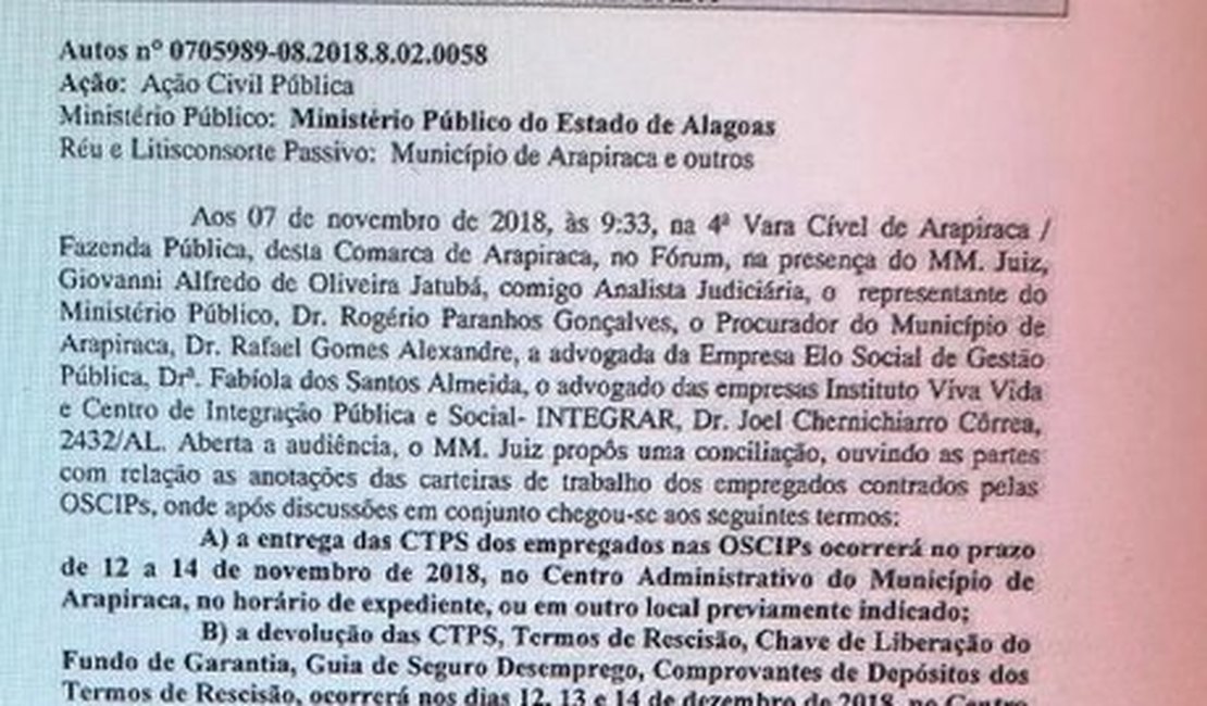 4ª Promotoria de Arapiraca alerta Prefeitura sobre pena em caso envolvendo Oscips