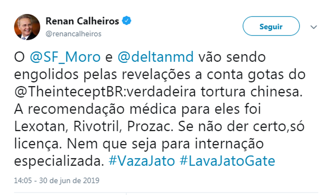 Renan Calheiros recomenda Lexotan, Rivotril e Prozac para Moro e Deltan 
