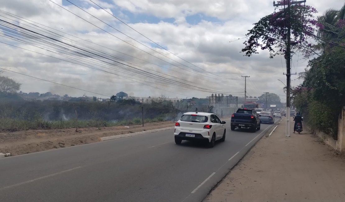 Incêndio em vegetação provoca pânico na população, comerciantes e motoristas