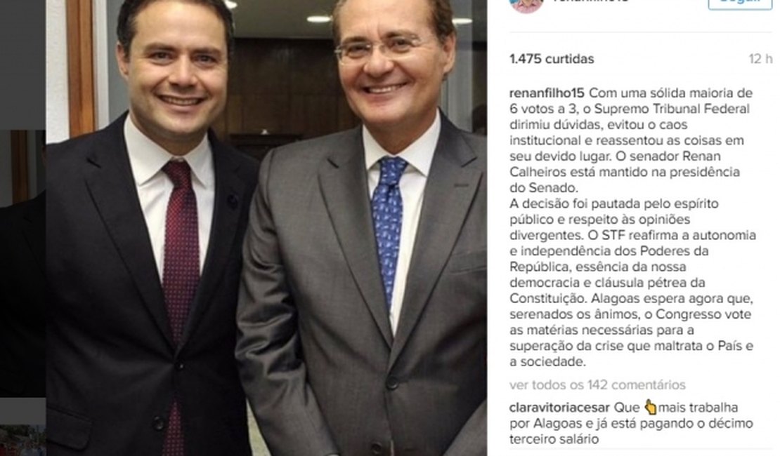 Renan Filho utiliza redes sociais para comemorar permanência do pai na presidência do Senado