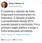 Renan Calheiros diz que é coerente adoção da ficha limpa no Executivo