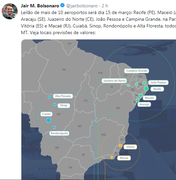Bolsonaro confirma no Twitter leilão do Aeroporto Zumbi dos Palmares