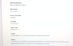 Detalhamento da obra no Portal da Transparência na Prefeitura de Arapiraca 