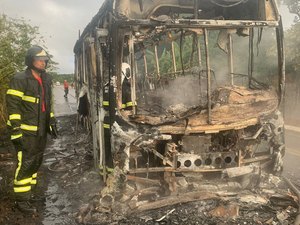 Ônibus pega fogo e fica completamente destruído após colisão com moto na BR-316, em Atalaia