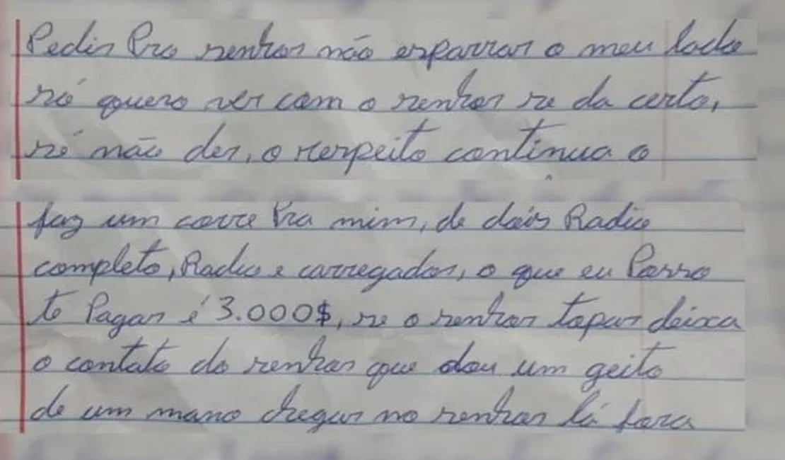 Em carta, preso tenta subornar policial: “Posso te pagar R$ 3 mil”