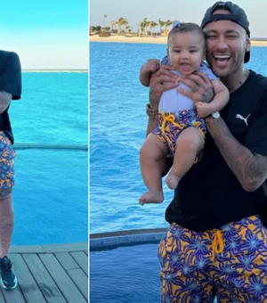 Neymar usa roupa com a mesma estampa da filha em resort de luxo na Arábia
