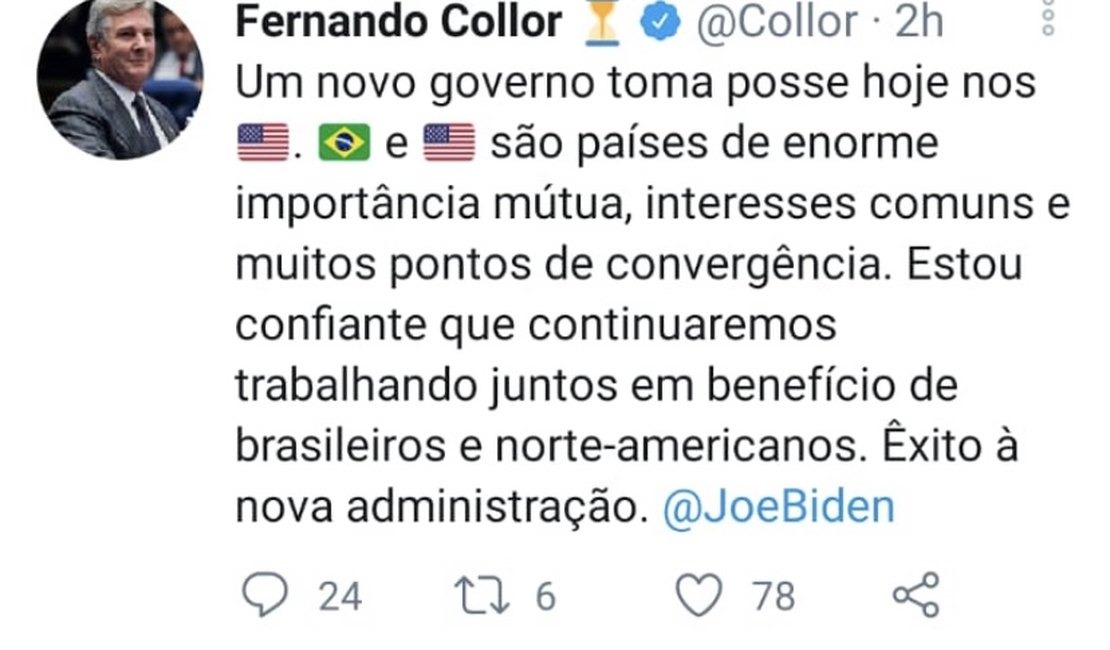 Senador alagoano usa Twitter para parabenizar novo presidente dos Estados Unidos