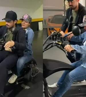 Fernando Zor se diverte ao ensinar Maiara a andar de moto