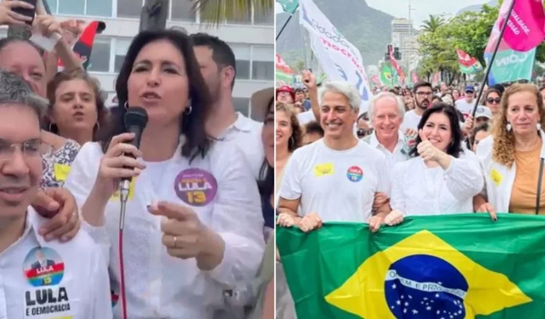 Simone Tebet pede votos para Lula em ato em Ipanema no Rio de Janeiro