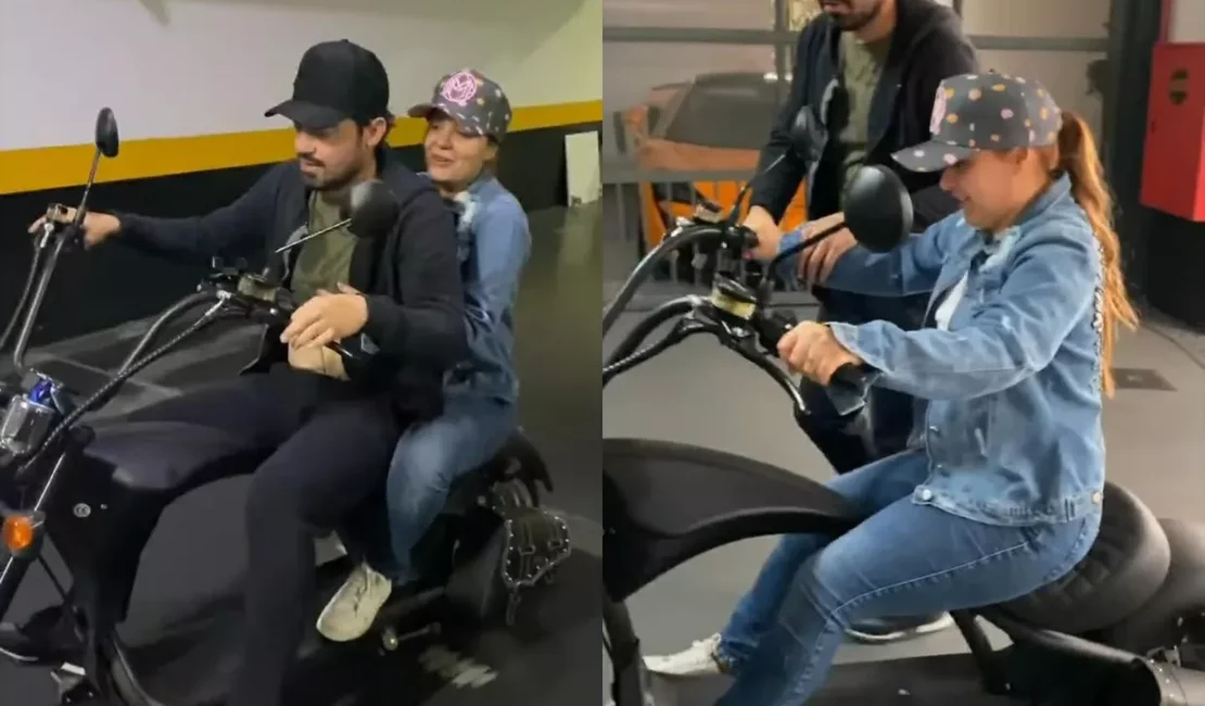 Fernando Zor se diverte ao ensinar Maiara a andar de moto