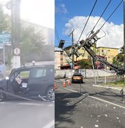 [Vídeo] Jeep invade contramão, bate e deixa poste pendurado por fios na Av. Dona Constança