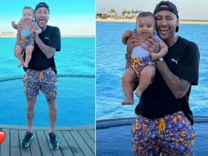 Neymar usa roupa com a mesma estampa da filha em resort de luxo na Arábia