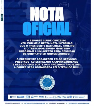 Bruno Monteiro não é mais técnico do Cruzeiro de Arapiraca