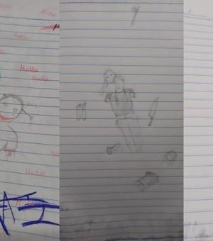 [Vídeo] Caderno de jovem que confessou ter matado adolescente em Teotônio tem desenho de faca, arma e palhaço