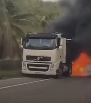 Carreta é destruída por incêndio em rodovia no litoral sul de Alagoas