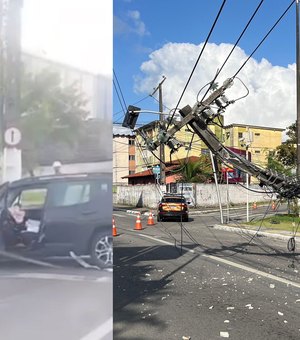 [Vídeo] Jeep invade contramão, bate e deixa poste pendurado por fios na Av. Dona Constança