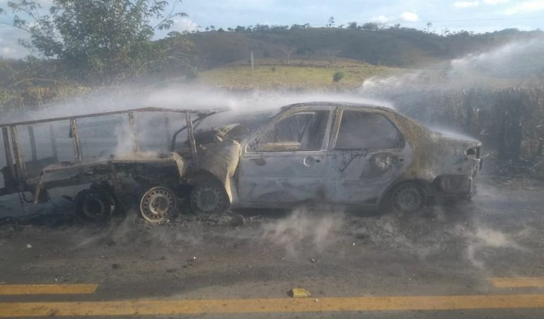 Veículo pega fogo durante acidente entre carro e reboque na BR 416