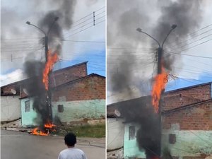[Vídeo] Poste de energia pega fogo e assusta moradores em Arapiraca