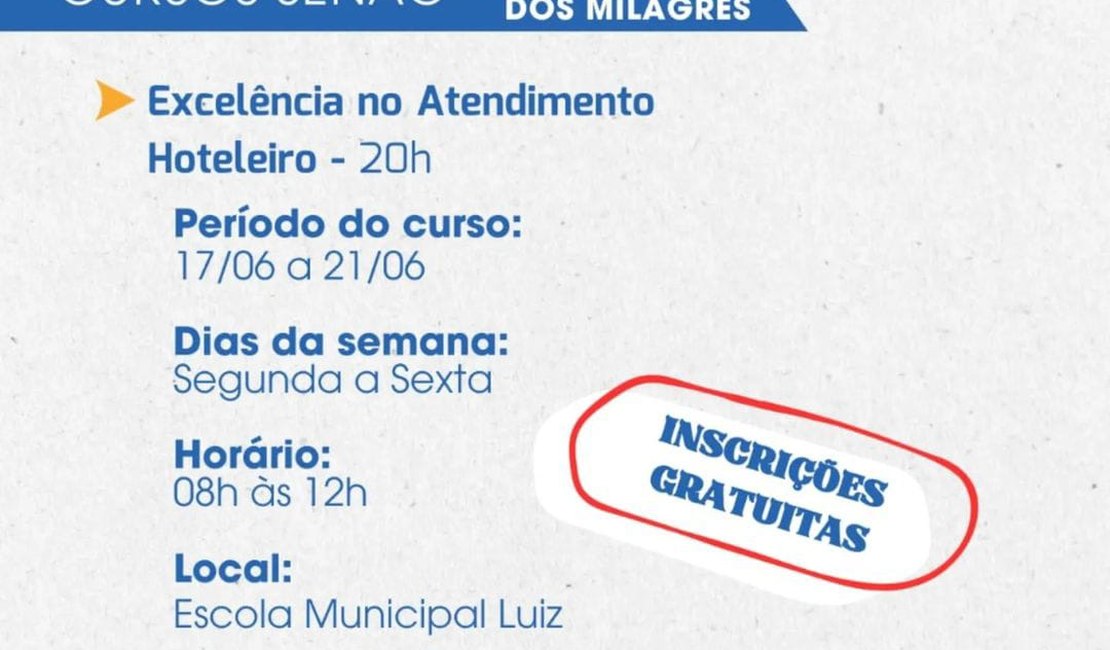 São Miguel dos Milagres anuncia curso de Excelência no Atendimento Hoteleiro