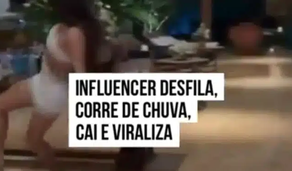 Viralizou: Influencer desfila, corre da chuva, escorrega e cai; VEJA VÍDEO