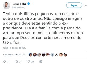 Renan Filho se solidariza com ex-presidente Lula após morte de neto
