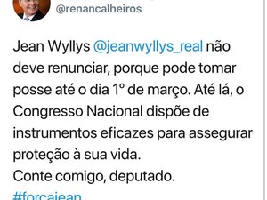 Renan Calheiros publica mensagem em apoio a Jean Wyllys