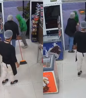 [Vídeo] Homem tenta assaltar padaria com arma falsa e leva vassourada da proprietária
