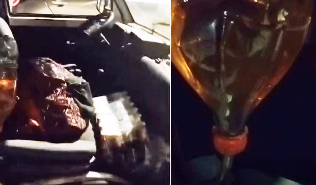 Carro é flagrado com garrafa pet usada como tanque de combustível