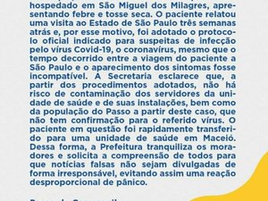 Prefeitura do Passo de Camaragibe emite comunicado sobre suspeita de coronavírus