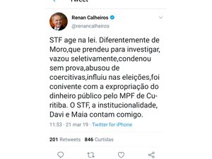 Senador Renan Calheiros critica Sérgio Moro e elogia STF