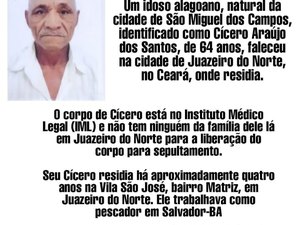 Vizinha pede ajuda para liberar corpo de idoso alagoano falecido em Juazeiro do Norte