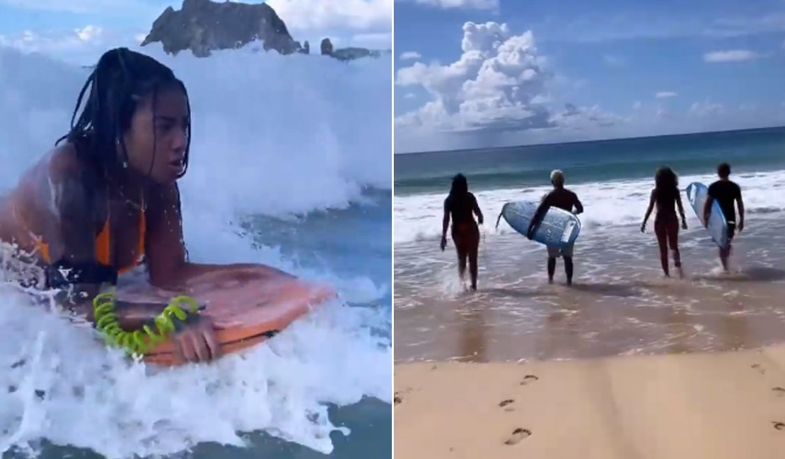 Ludmilla e Brunna Gonçalves fazem aula de surfe em Noronha