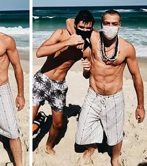 Fábio Assunção curte praia com o filho, João, e mostra corpo 27 quilos mais magro