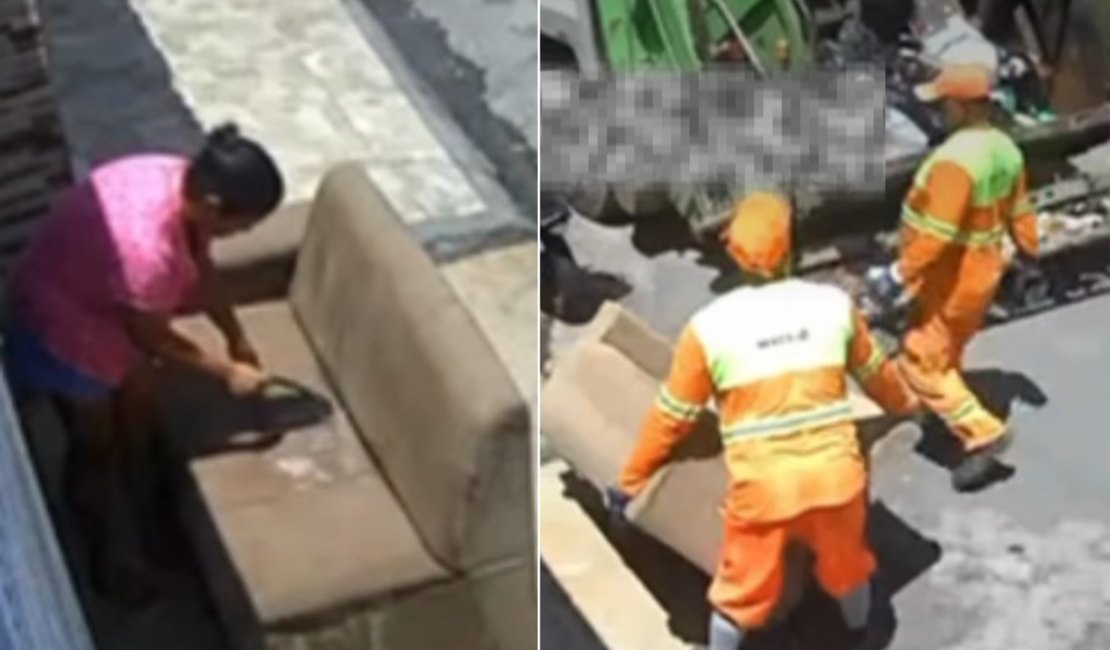 Mulher deixa sofá secando na porta e ele acaba levado por caminhão de lixo em Maceió