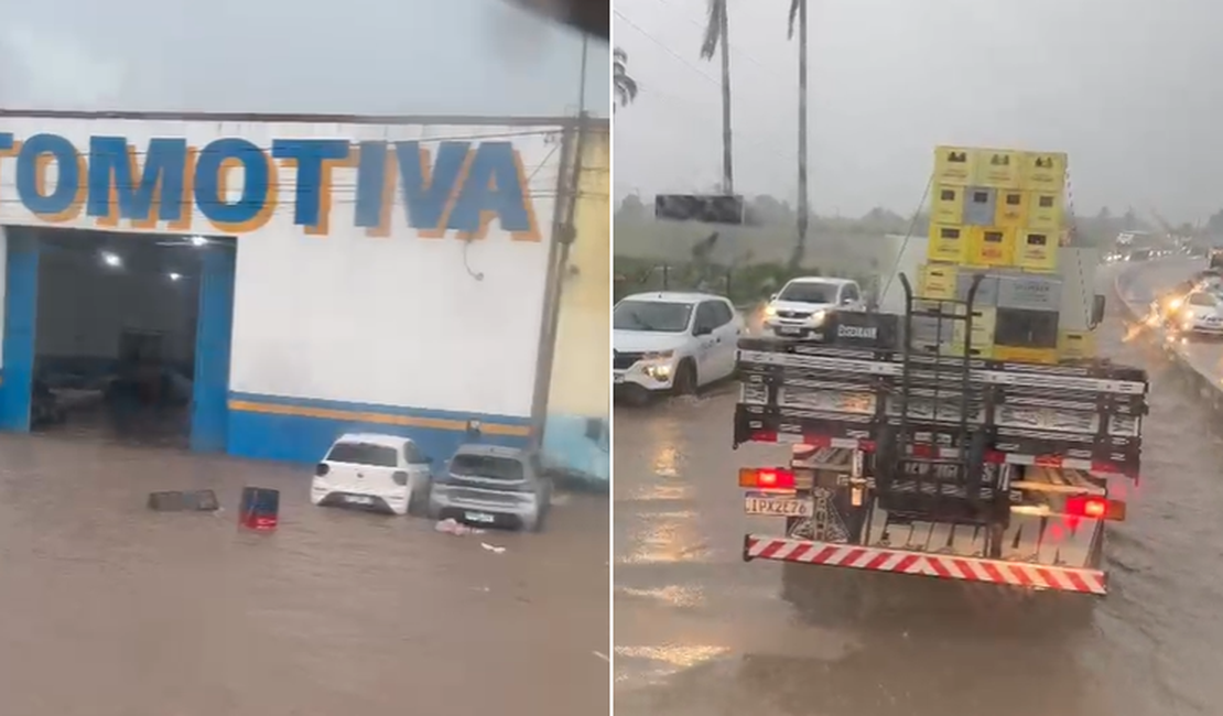 Volume de chuva impressiona e encobre pista no bairro Boa Vista, em Arapiraca