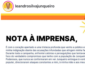 Prefeito de Junqueiro, Leandro Silva, emite nota de indignação por acusações contra família