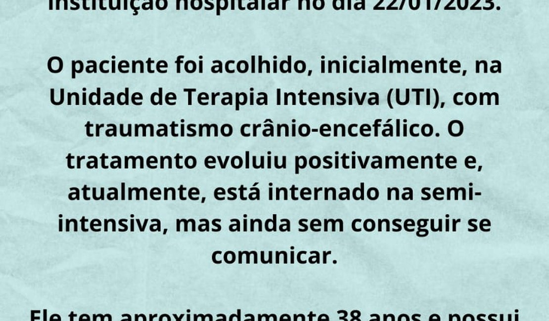 Hospital de Emergência do Agreste procura familiares de paciente internado em UTI semi -intensiva
