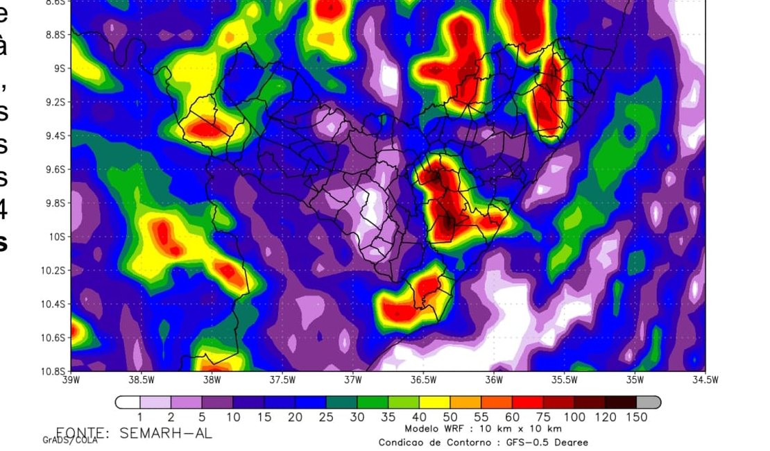 Sala de Alerta emite aviso de chuvas com ventos e raios de quinta-feira até domingo em AL
